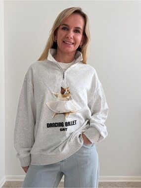 Maden Dancing Ballet Cat Half-Zip Sweatshirt Gray Size L